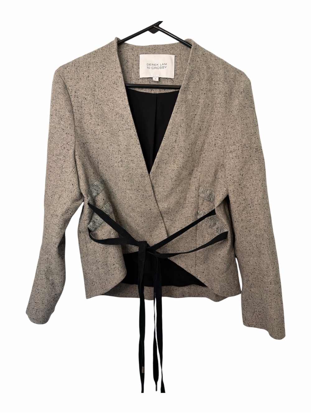 10 Crosby Derek Lam Gray Tweed Wrap Blazer with Black Tie